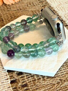 Apple Watch Band 42/44mm Fluorite Green Aventurine Beaded Stainless Bracelet